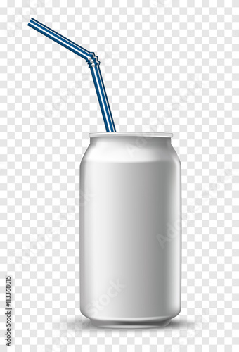 aluminium soda white beverage can with a straw. Vector illustration fresh metallic soda drink
