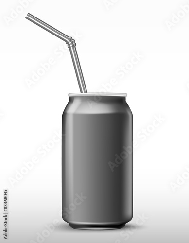 aluminium soda grey beverage can with a straw. Vector illustration fresh metallic soda drink 