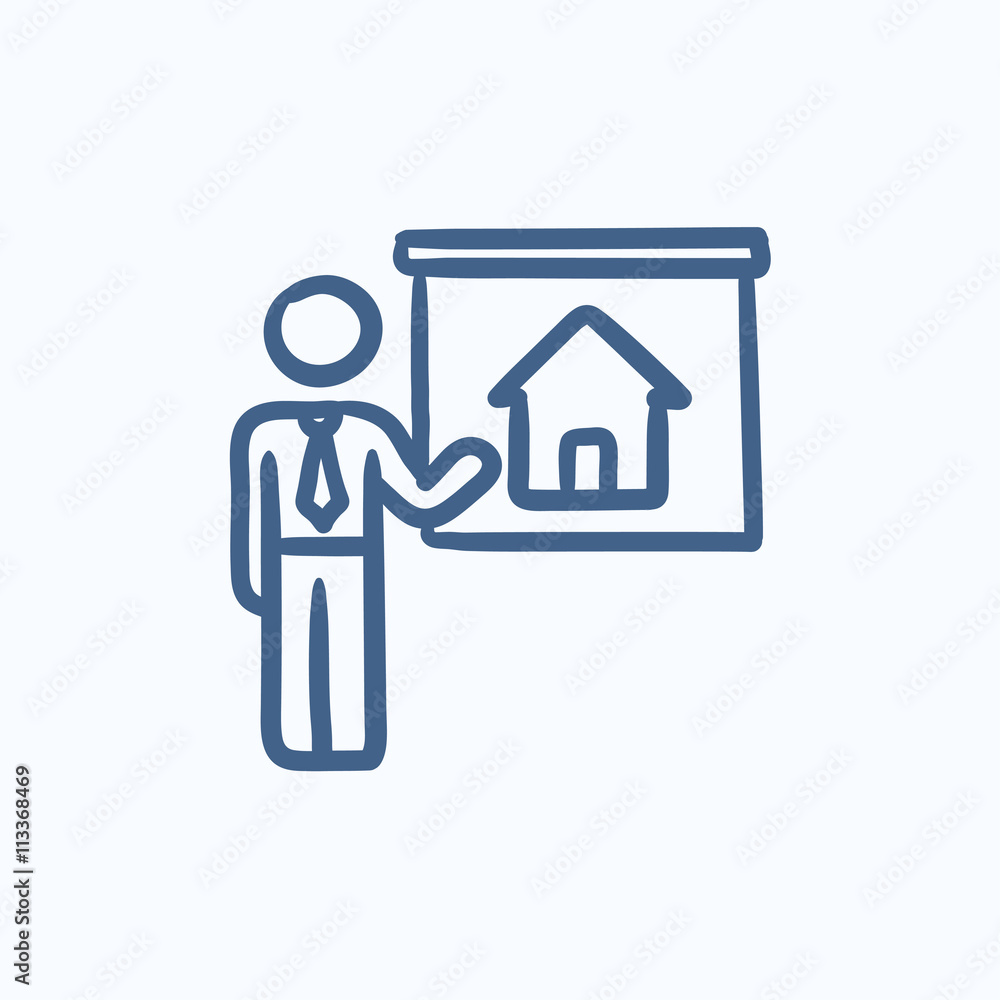 Real estate agent showing house sketch icon. Real estate agent showing house sketch icon.
