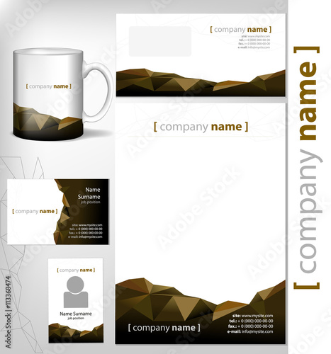 corporate identity template document page, business card, realistic cup, leaflet. Vector illustration paper head abstract rocky dark design
