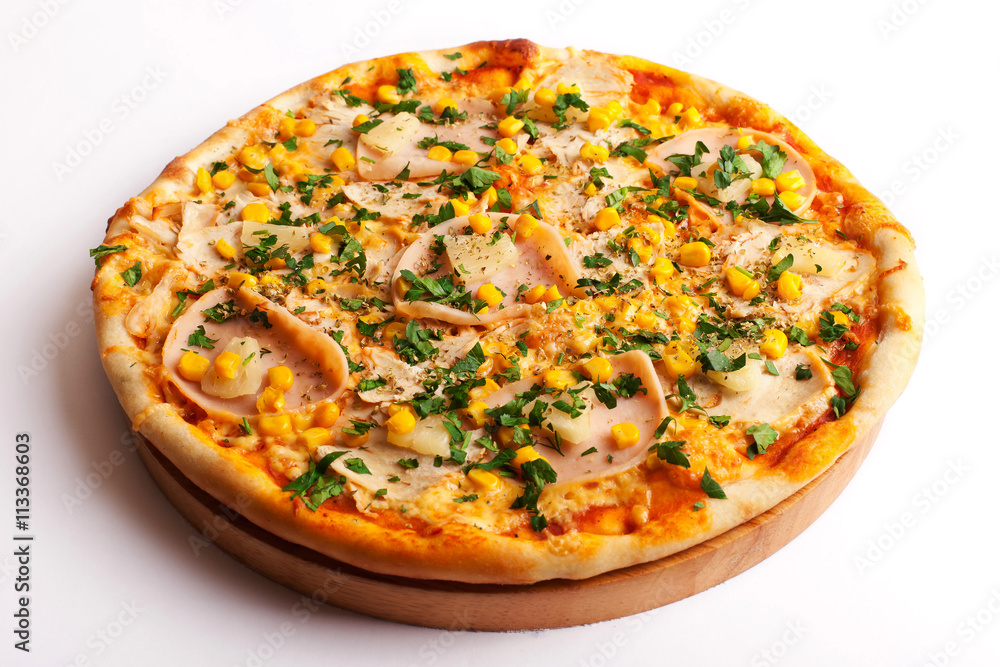 Pizza with ham and corn isolated on white Pizza with ham and corn isolated on white
