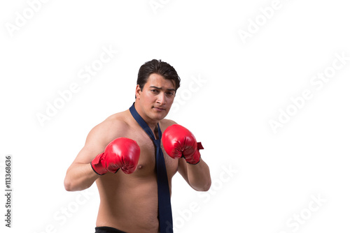 Ripped businessman with boxing gloves isolated on white