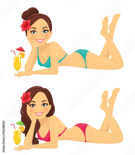 Young woman in swimsuit with cocktail on beach isolated
