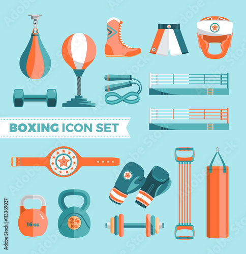 Set of boxing equipment vector colorful design elements isolated on blue background. Vector Illustration