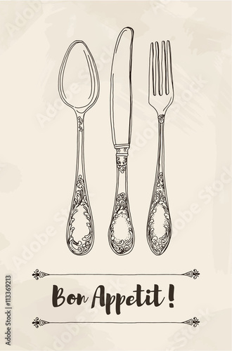 Hand drawn vector illustration of curly ornamental silver tableware, cutleryon a beige background watercolor background and texture. Hand drawn design element. Vector Illustration