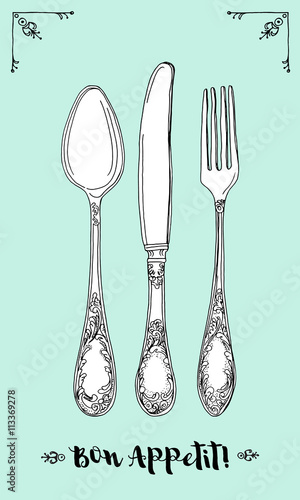 Hand drawn vector illustration of curly ornamental silver tableware, cutlery on mint background. Vector Illustration