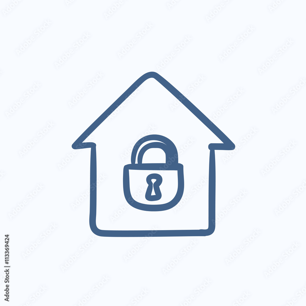 House with closed lock sketch icon. House with closed lock sketch icon.