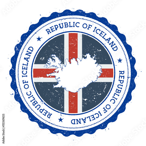 Iceland map and flag in vintage rubber stamp of state colours. Grungy travel stamp with map and flag of Iceland. Country map and flag vector illustration.