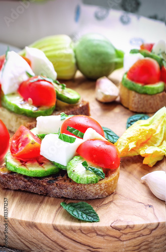 Vegetable Toast, Tomato and Grilled Zucchini Bruschetta, Close-up