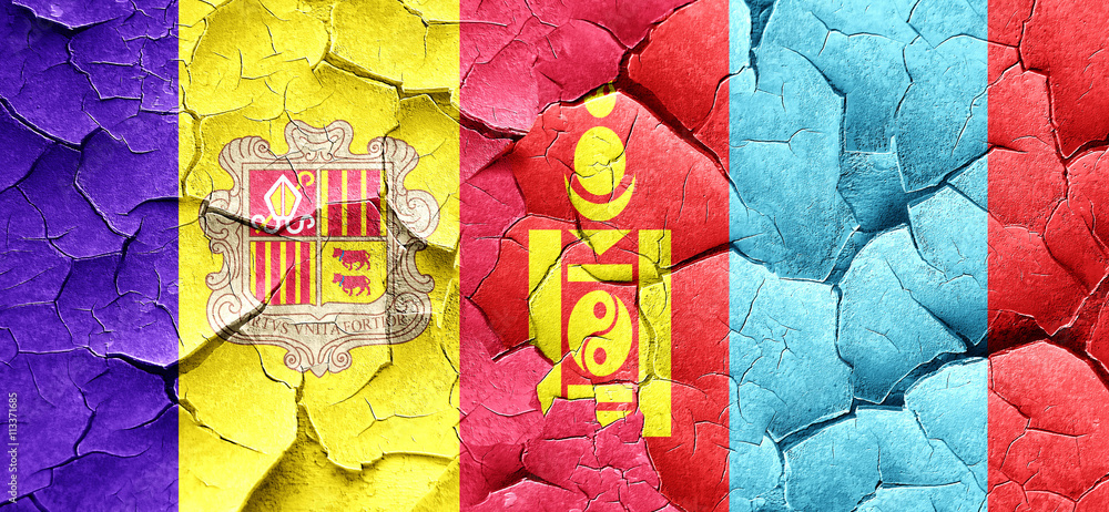 Andorra flag with Mongolia flag on a grunge cracked wall Andorra flag with Mongolia flag on a grunge cracked wall