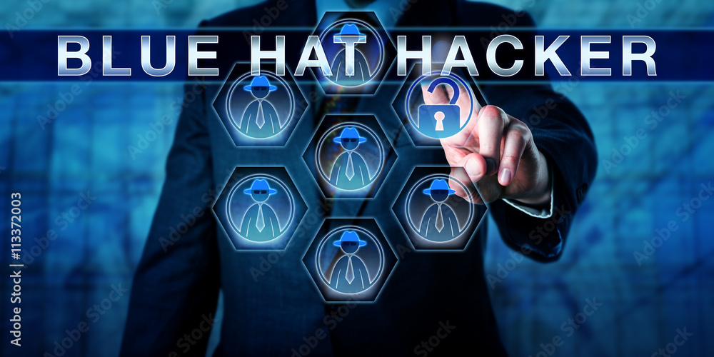 Male Software Developer Touching BLUE HAT HACKER Male Software Developer Touching BLUE HAT HACKER