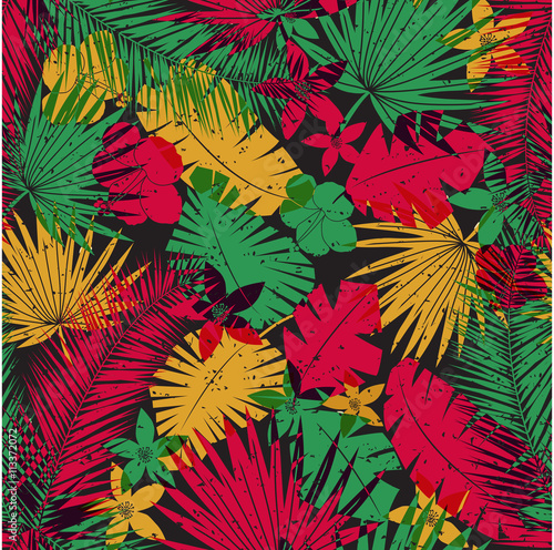 Seamless tropical jungle pattern with leaves, plants and flowers. Retro offset print effect, color overlay, anaglyph. Hibiscus, ferns and tropical foliage.