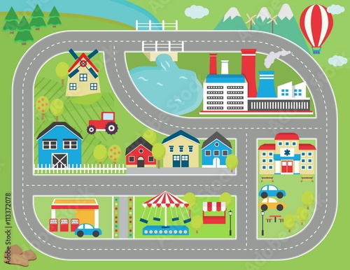Lovely city landscape car track play mat for children activity and entertainment. Sunny city landscape with mountains, farm, factory, buildings, plants and endless car road.
