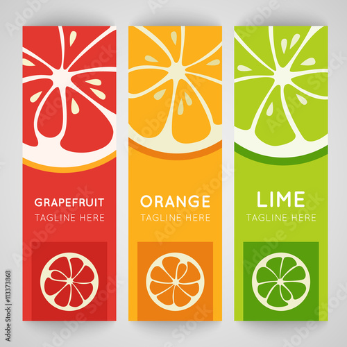 Three bright banner with stylized citrus fruit and splashes