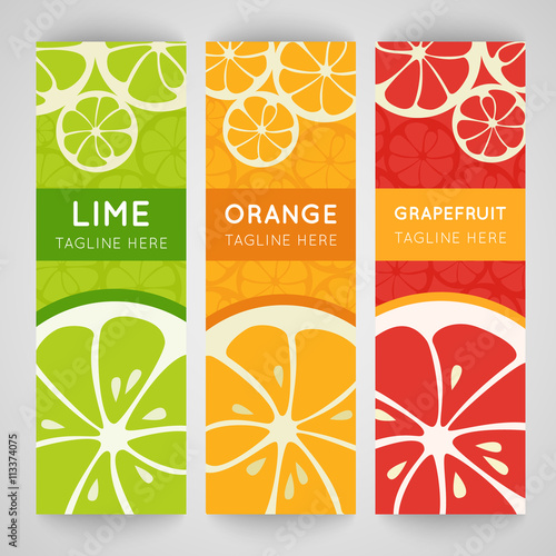 Three bright banner with stylized citrus fruit and splashes