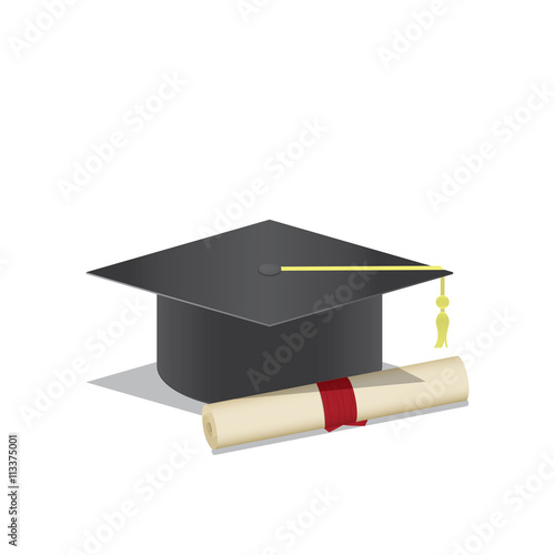 Graduation cap and diploma A symbol of graduation. On white back