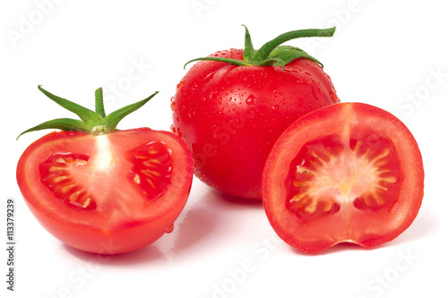 tomato and half with water droplets isolated on white background