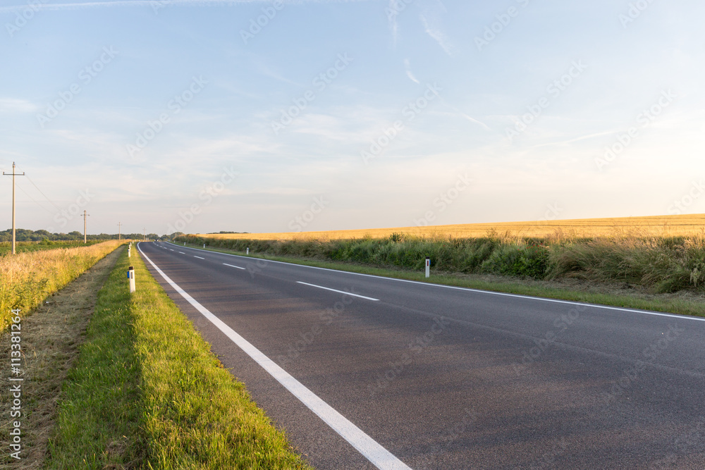Asphalt road through the Yellow field and cloudy sky in summer day in Austria Asphalt road through the Yellow field and cloudy sky in summer day in Austria