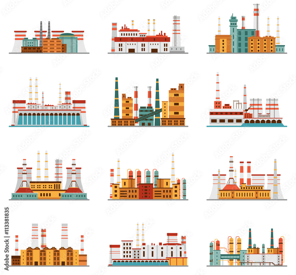 Industrial plant and factory set of icons