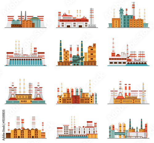 Industrial plant and factory set of icons