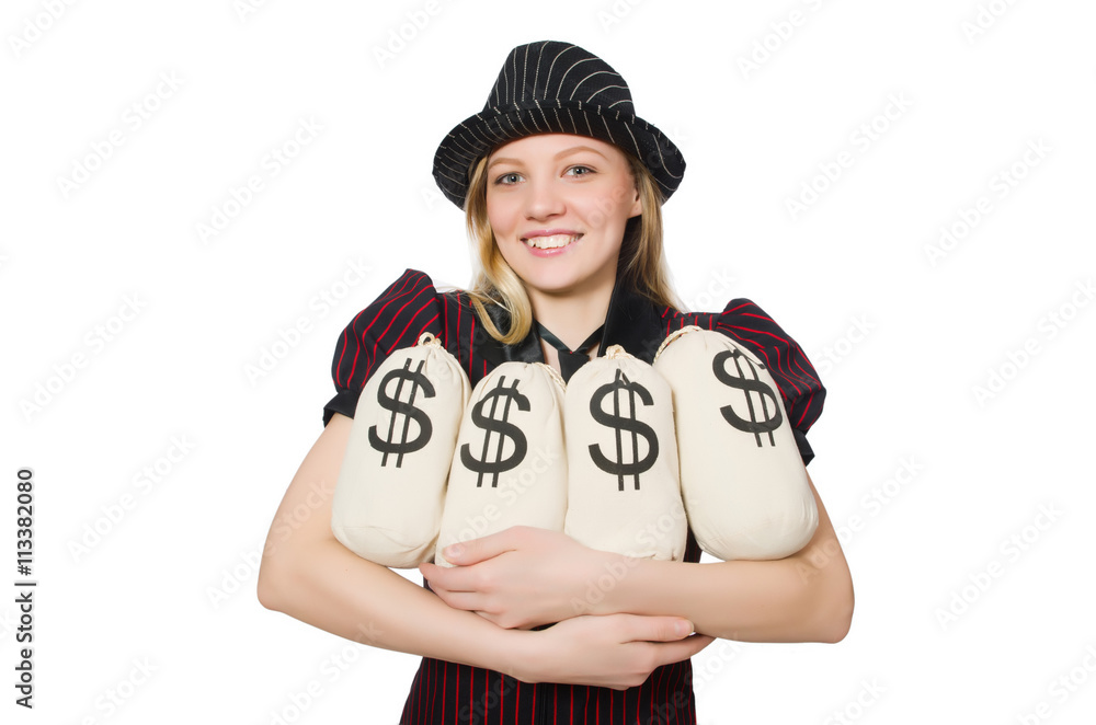 Woman with money sacks on white