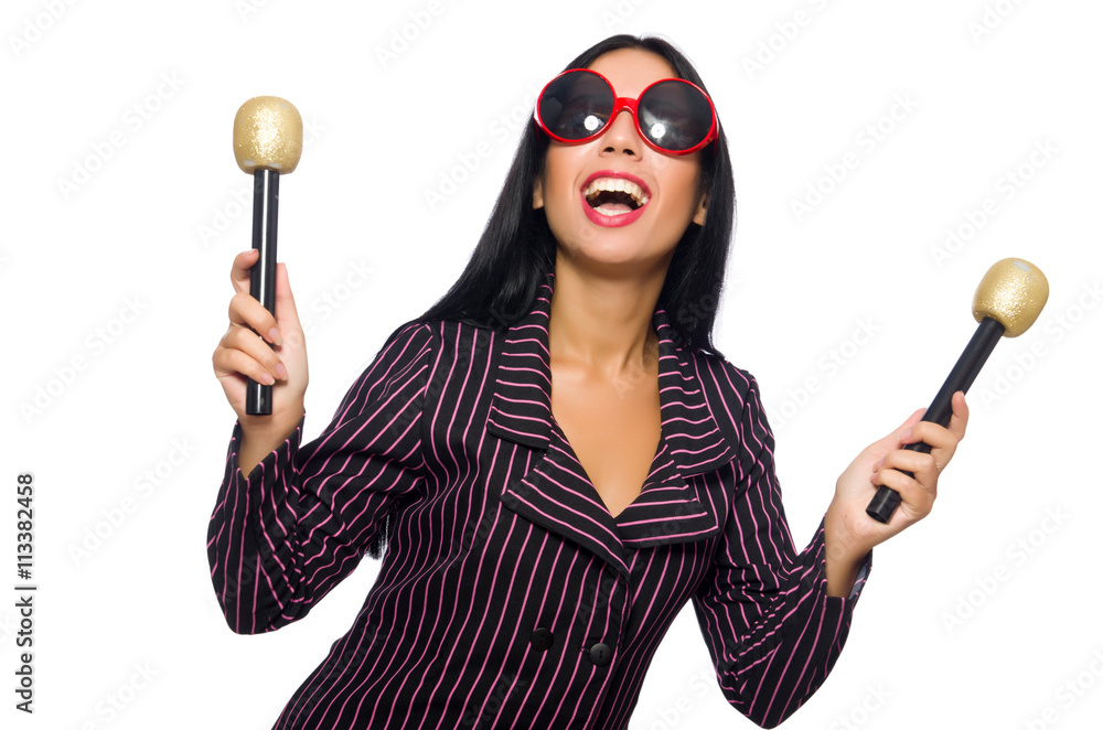 Woman singing in karaoke club isolated on whie Woman singing in karaoke club isolated on whie