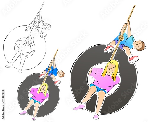 Boy and girl playing on a tire swing.  Includes full color, flat, and black outline versions.