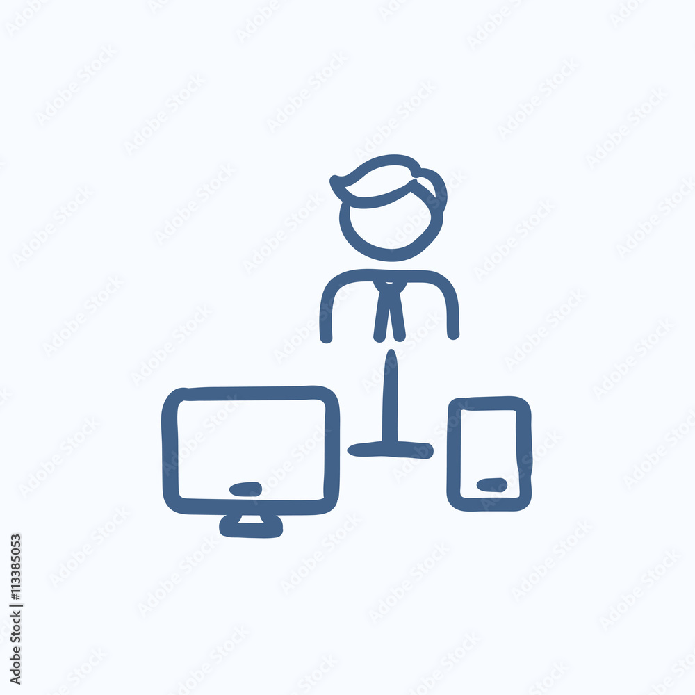 Man linked with computer and phone sketch icon. Man linked with computer and phone sketch icon.