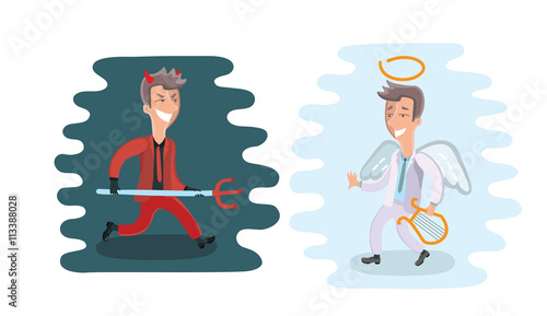 Funny cartoon angel and devil dressed in suit