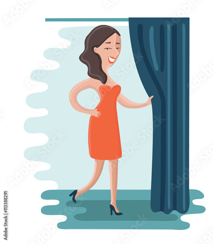 Cartoon woman is trying on a red dress
