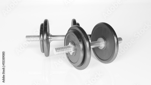 Weights, adjustable dumbbells, sports equipment isolated on white background