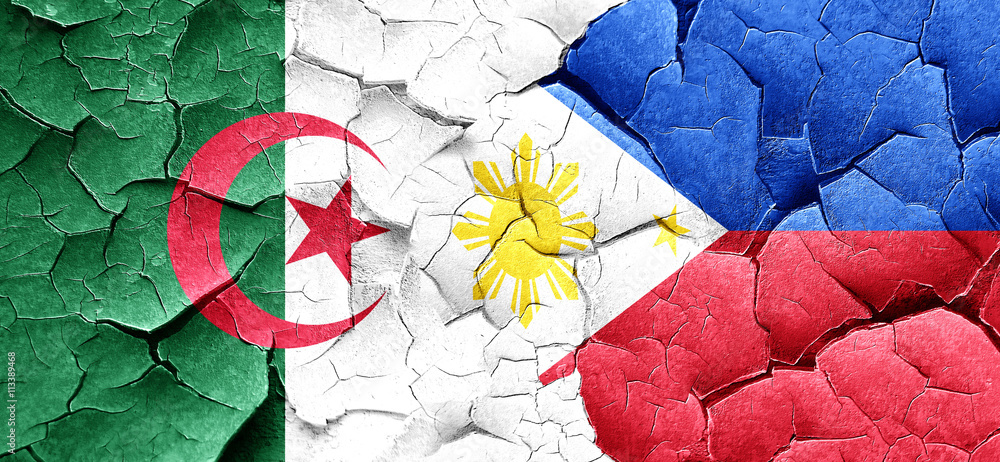 algeria flag with Philippines flag on a grunge cracked wall algeria flag with Philippines flag on a grunge cracked wall