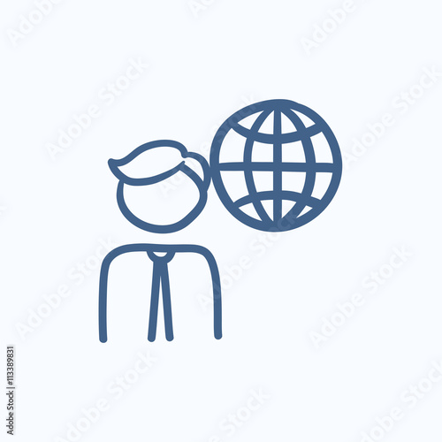 Man with globe sketch icon.