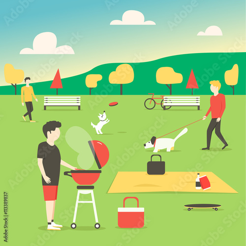 Picnic and Bbq. Preparing barbeque. Summer party in park