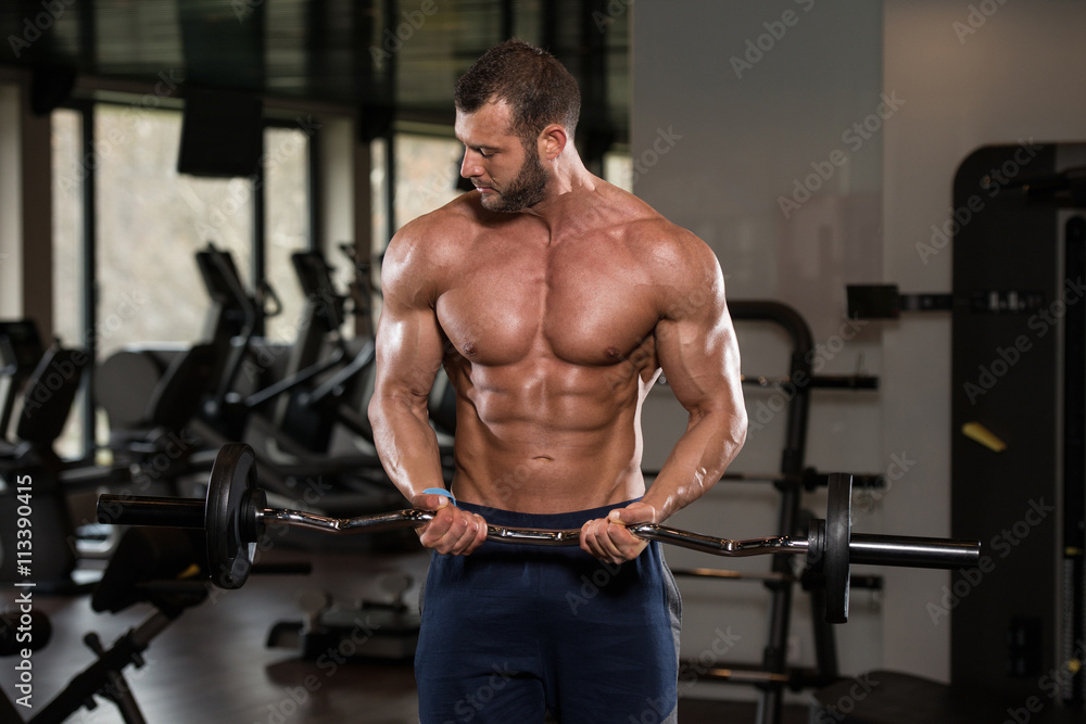 Muscular Man Exercising Biceps With Barbell Muscular Man Exercising Biceps With Barbell