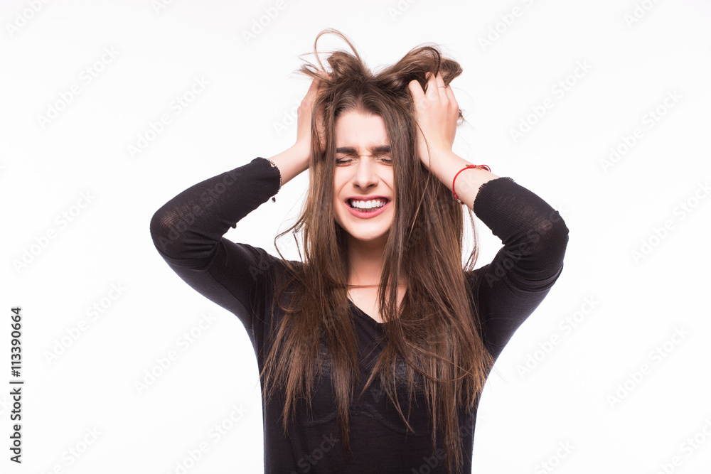 Scream young girl on white background Scream young girl on white background