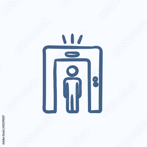 Man going through metal detector gate sketch icon.