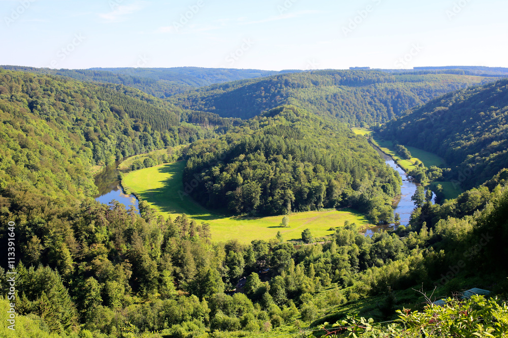 Elevated view from famous viewpoint of Giant's tomb lying inside the bend of the river Semois, located nearby the city of Bouillon, Wallonia, Ardennes, Belgium.