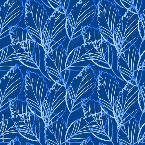 Floral seamless pattern with leaves.Blue linear foliage.Watercolor hand drawn illustration.Blue background. © jula_lily