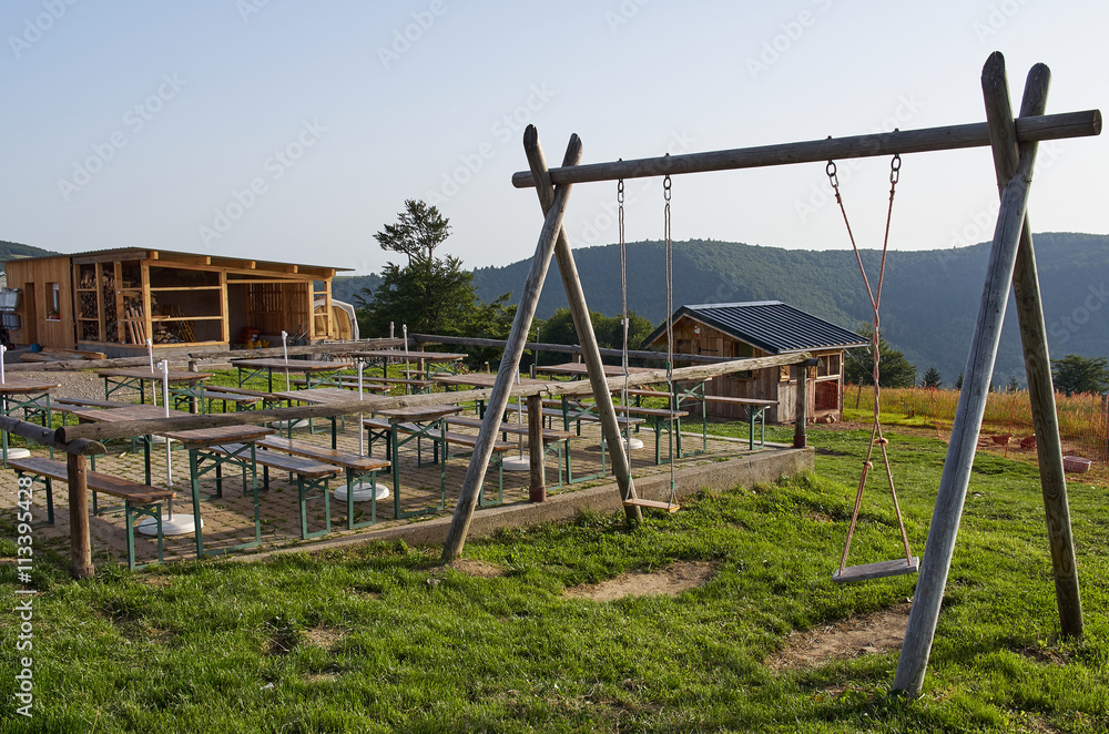 Swing Set and Barn, Wooden sight platform in Vosges mountains, A