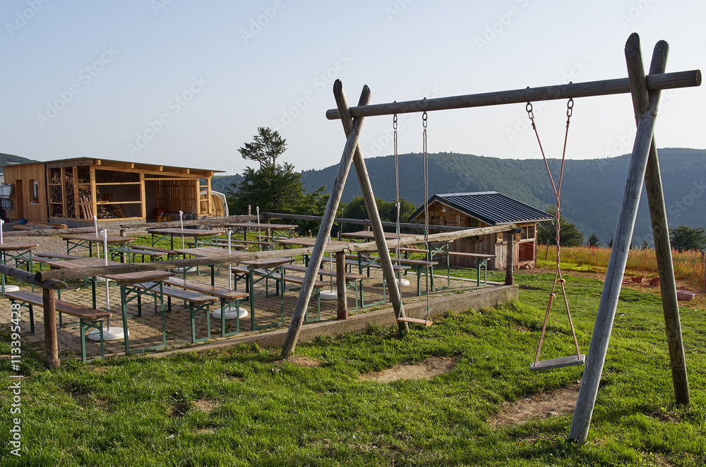 Swing Set and Barn, Wooden sight platform in Vosges mountains, A Swing Set and Barn, Wooden sight platform in Vosges mountains, A