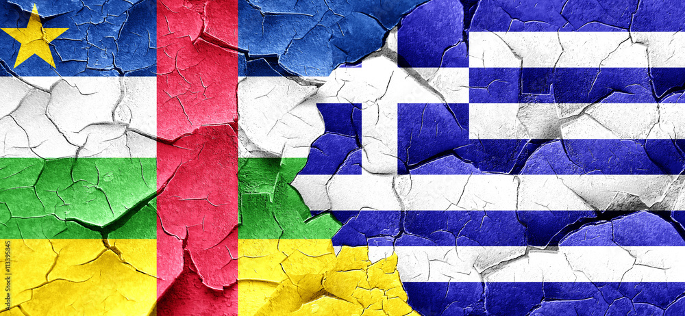 Central african republic flag with Greece flag on a grunge crack