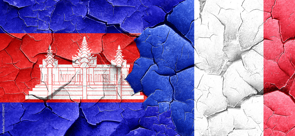 Cambodia flag with France flag on a grunge cracked wall