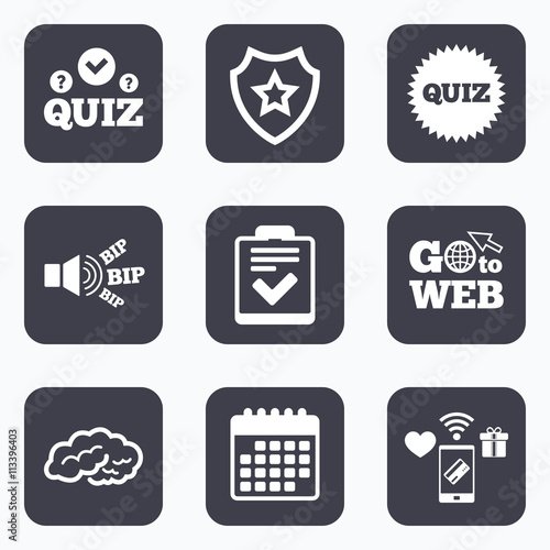 Quiz icons. Checklist and human brain symbols.