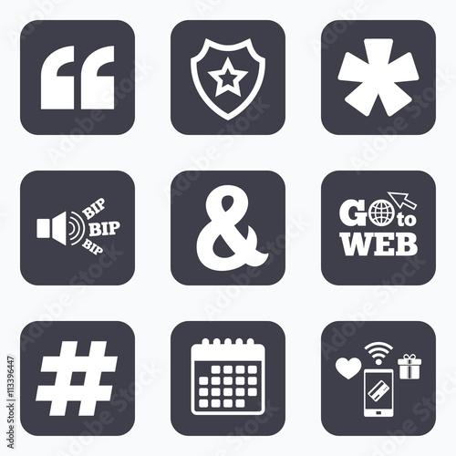 Quote, asterisk footnote icons. Hashtag symbol.