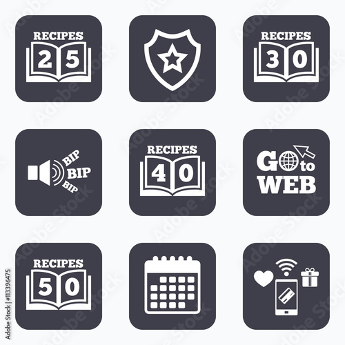 Cookbook icons. Fifty recipes book sign.
