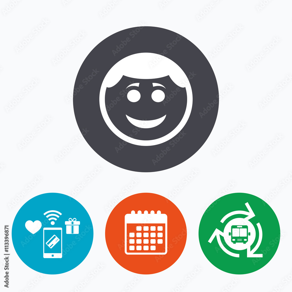 Smile face icon. Smiley with hairstyle symbol. Smile face icon. Smiley with hairstyle symbol.