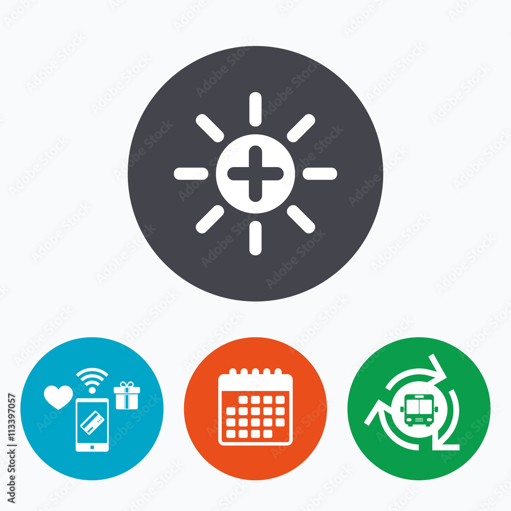 Sun plus sign icon. Heat symbol. Brightness. Sun plus sign icon. Heat symbol. Brightness.