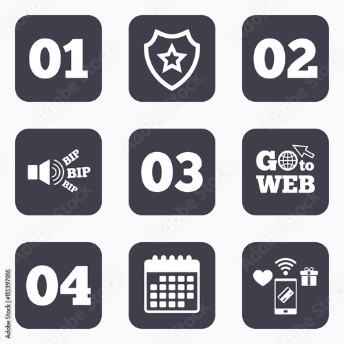 Step one, two, three icons. Sequence of options.