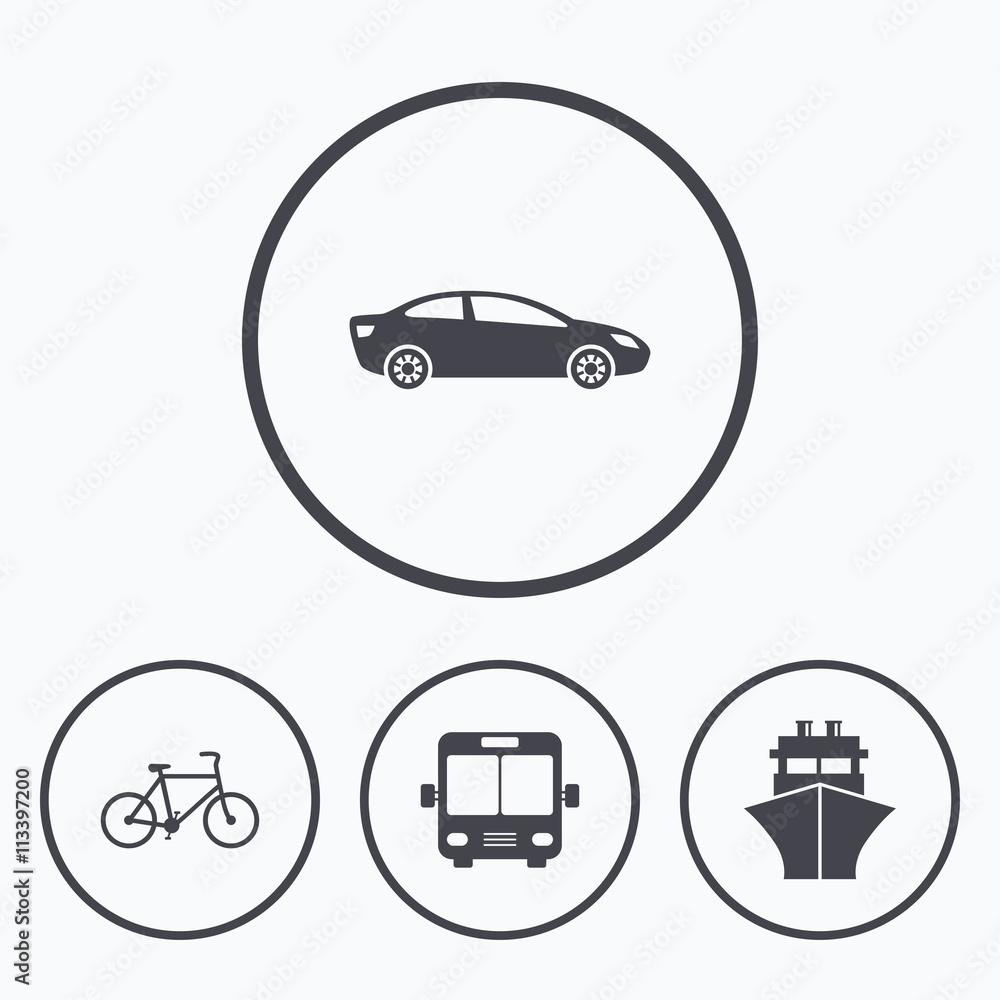 Transport icons. Car, Bicycle, Bus and Ship. Transport icons. Car, Bicycle, Bus and Ship.